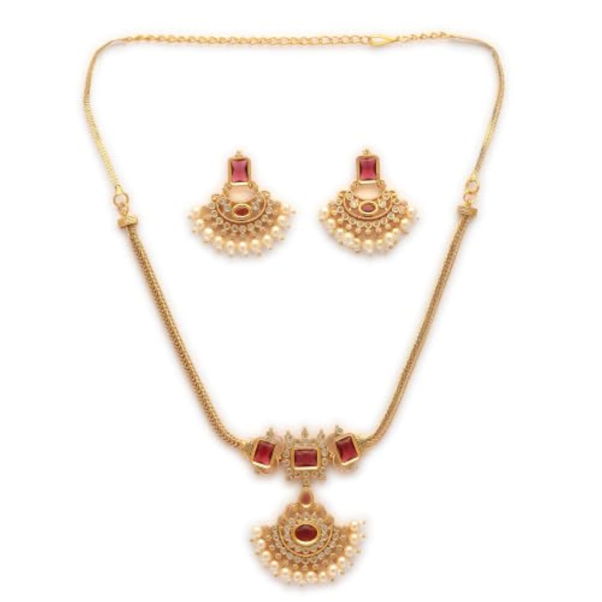 AD Geometric Chandbali Pearl Drop Necklace Set, Gift for Her